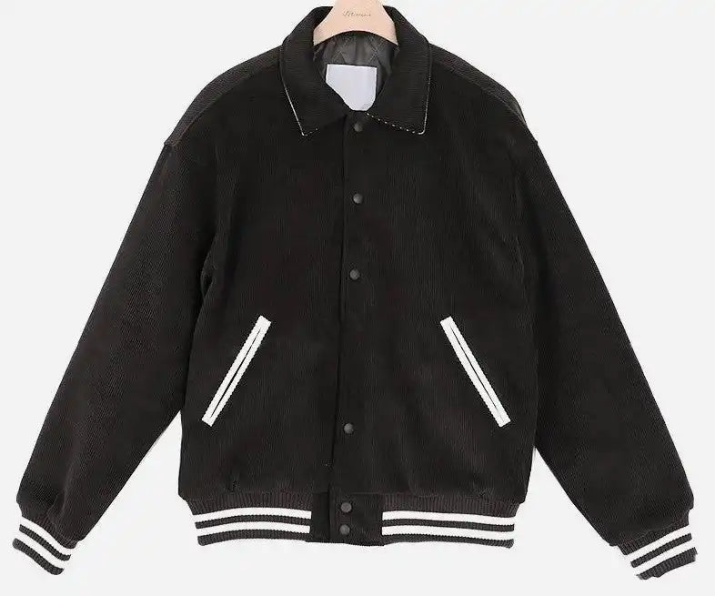 Men's Black & White Corduroy Varsity-Style Jacket