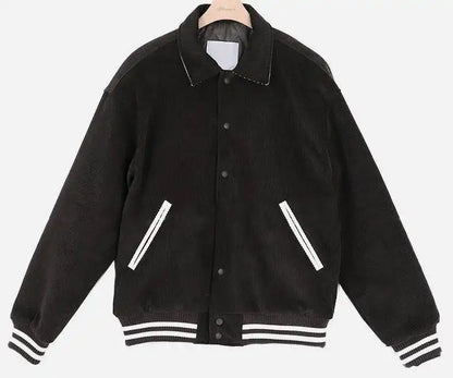 Men's Black & White Corduroy Varsity-Style Jacket