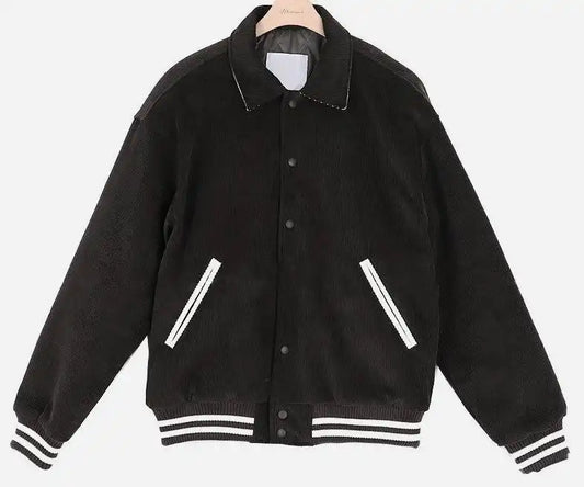 Men's Black & White Corduroy Varsity-Style Jacket