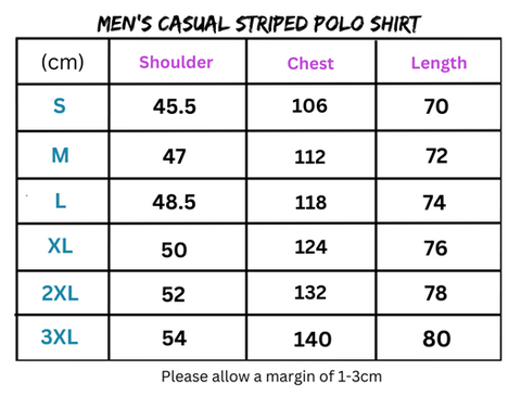 Men’s casual striped polo shirt size chart for the Men’s Polo Shirt collection