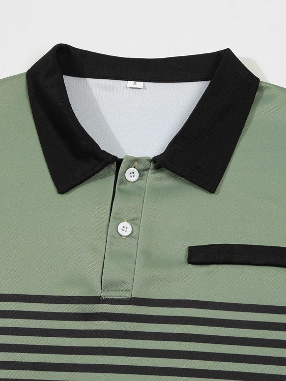 Men's Casual Striped green Polo Shirt- collar