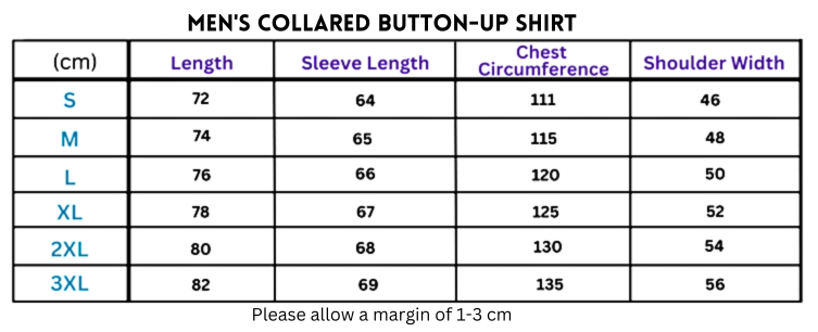 Men’s long sleeved dress shirt size chart for men’s collared button-up dress shirt