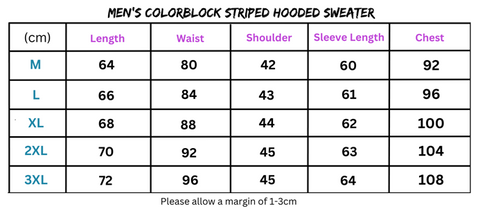 Men’s colorblock zip hoodie with fleece size chart for soft faux fur and stylish design