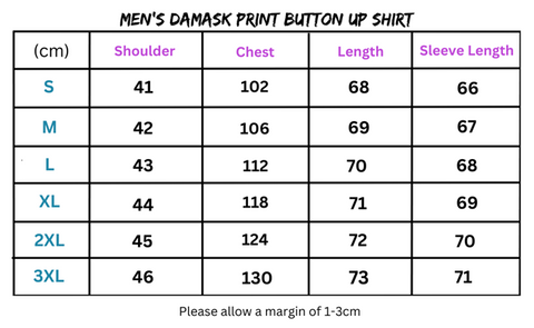 Men’s damask print button-up shirt size chart for dress shirt fit and sizing