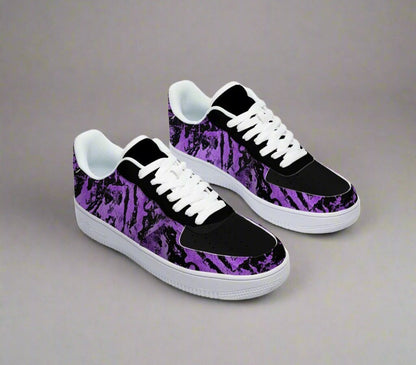 Stylish sneakers with a black and purple marbled pattern, white soles, and laces, set on a plain gray background