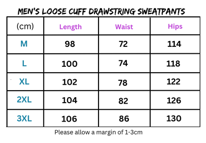 Men’s Cotton Loose Cuff Drawstring Sweatpants size chart demonstrating fit and measurements