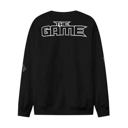 Black sweatshirt with 'THE GAME' text on the back against a white background