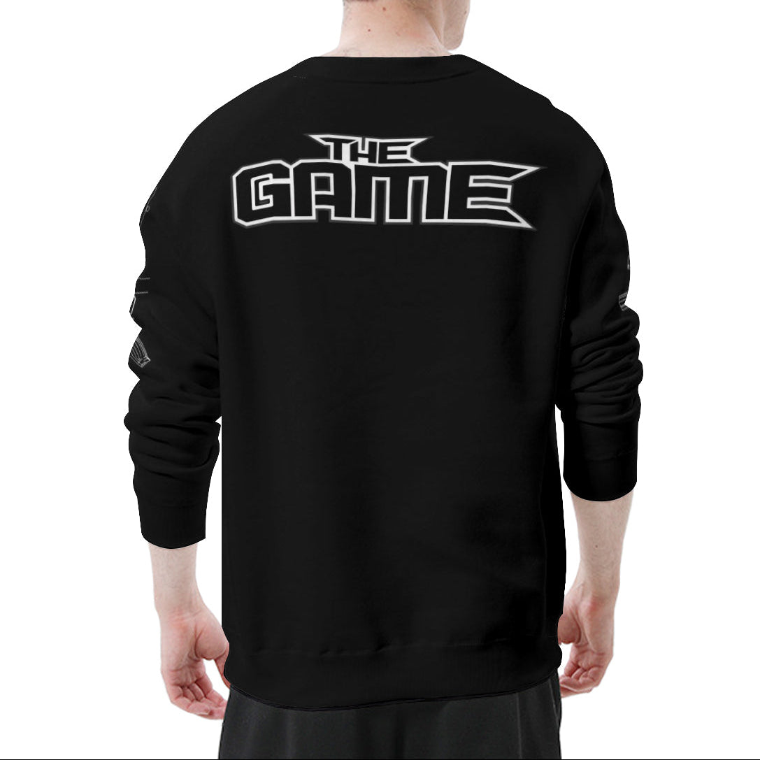 Black sweatshirt with 'The Game' logo on the back, worn by a person.