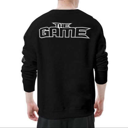 Black sweatshirt with 'The Game' logo on the back, worn by a person.
