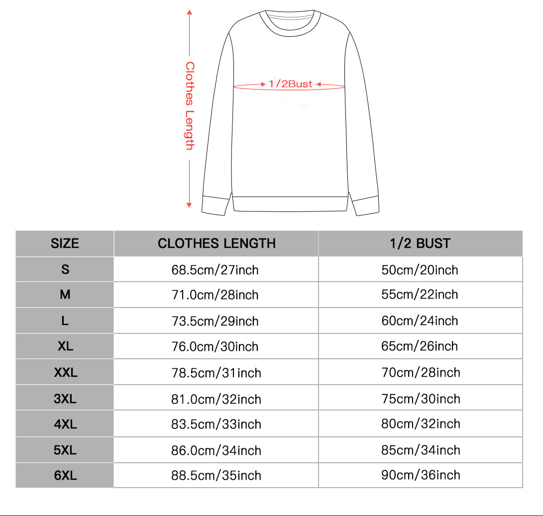 Product size chart for a sweatshirt with dimensions and a diagram of measurements.