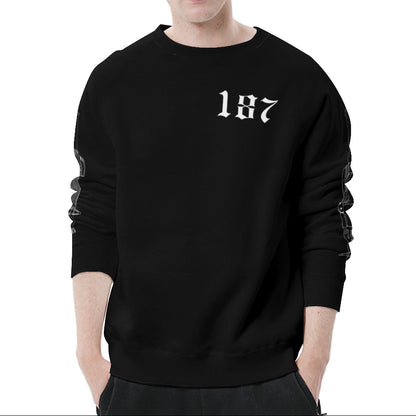 Man wearing a black sweatshirt with '187' logo on a white background