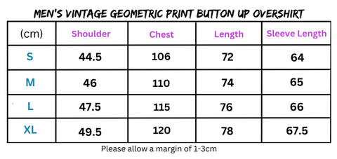 Men’s Vintage Geometric Print Button Up Overshirt size chart showing geometric print sizing