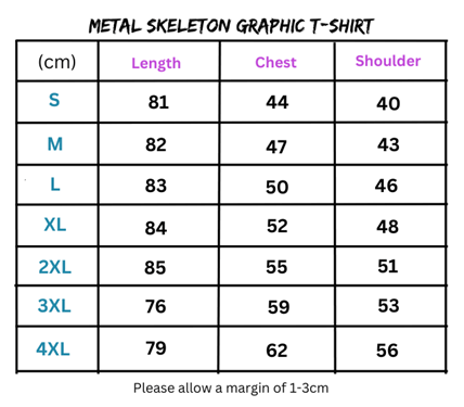 Metal Skeleton Graphic T-Shirt size chart showcasing perfect fit options