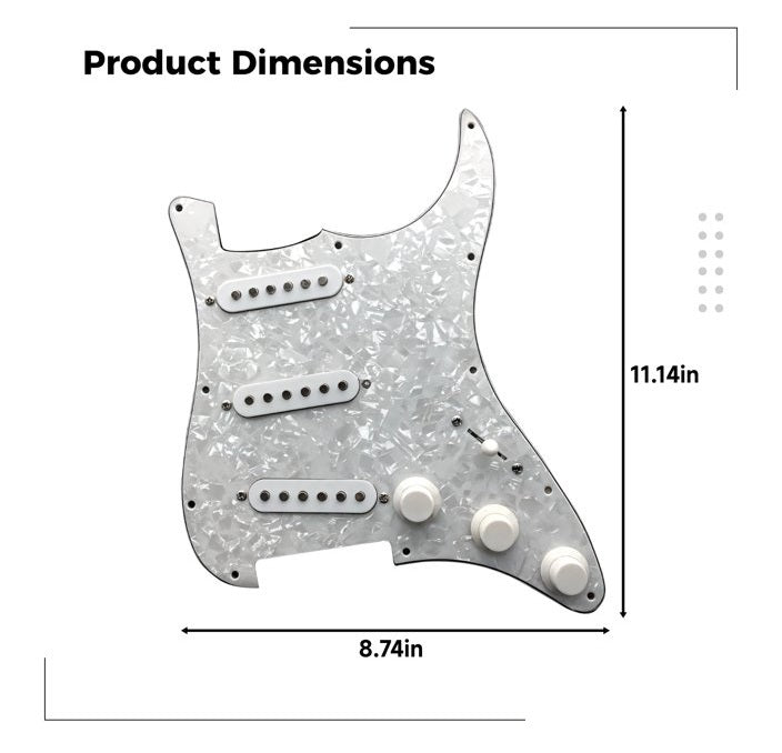 Guitar pickguard with dimensions labeled on a white background