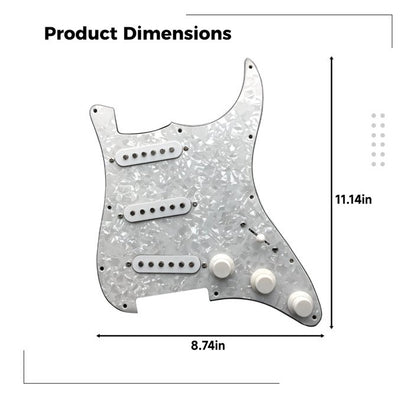 Guitar pickguard with dimensions labeled on a white background