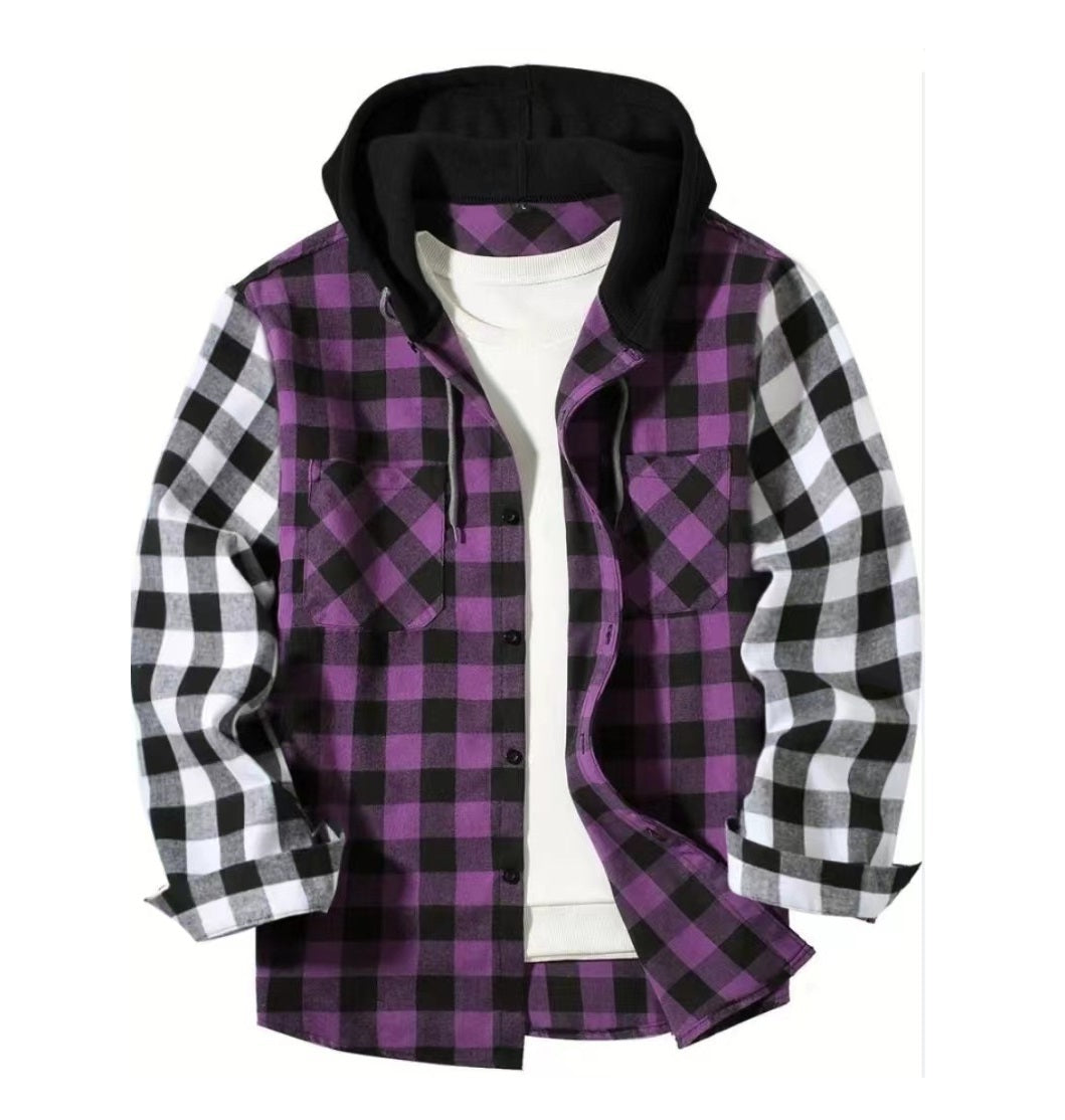 Plaid Hooded Long Sleeve Button Up Shirt