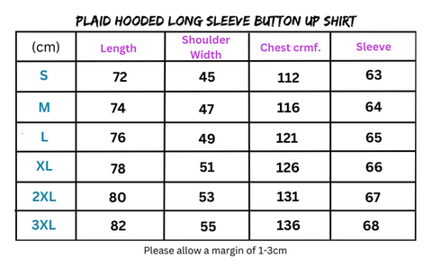 Size chart for plaid hooded long sleeve shirt in the Plaid Hooded Long Sleeve Button Up Shirt product