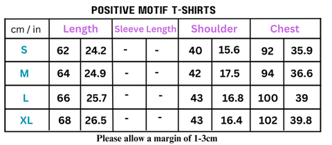T-shirt size chart for Women’s Positive Motif Graphic T-Shirts featuring a vibrant motif graphic