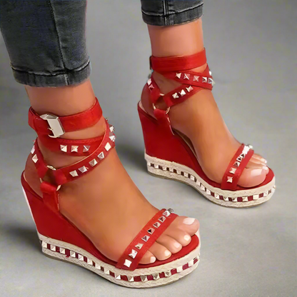 Red Rivetted Leather Wedge Sandals - Lunacy Deals & Designs