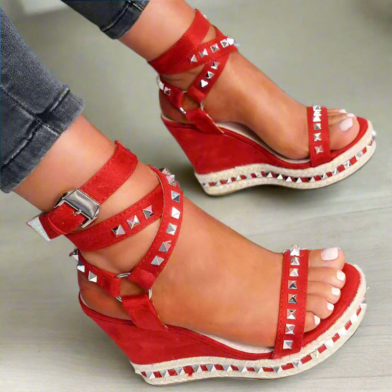 Red Rivetted Leather Wedge Sandals - Lunacy Deals & Designs