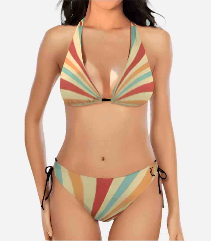 Multicolored striped bikini on a white background