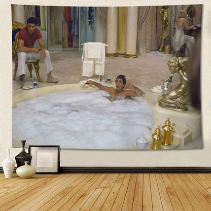 Man relaxing in a bubble bath with decorative elements in a room.
