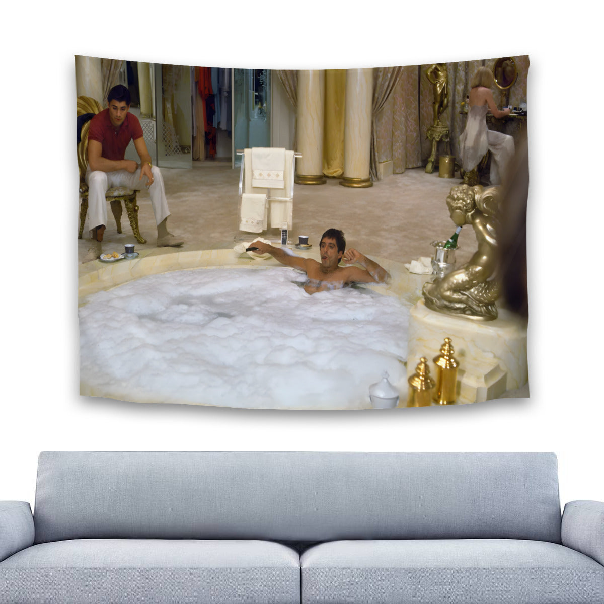 Tapestry of a luxurious bathroom scene with a man in a bathtub, gold accents, and classical columns.