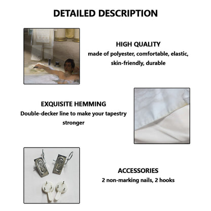 Product description with images of a person using a tapestry, hemming details, and accessories.