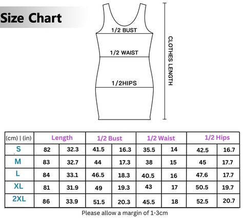 Clothing size chart for Seraphic Amethyst Stretchy Mini Tank Dress and mini tank dress