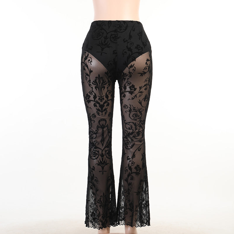 Women's Sheer Floral Lace Flare Pants