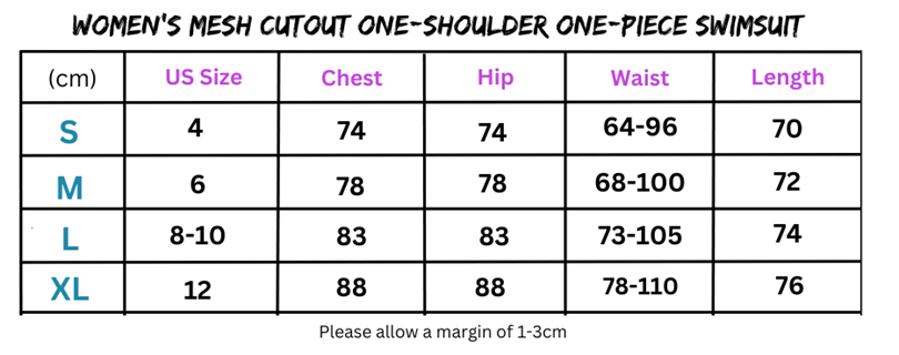 Women’s swimsuit size chart for mesh cutout one-shoulder cutout one-piece swimsuit