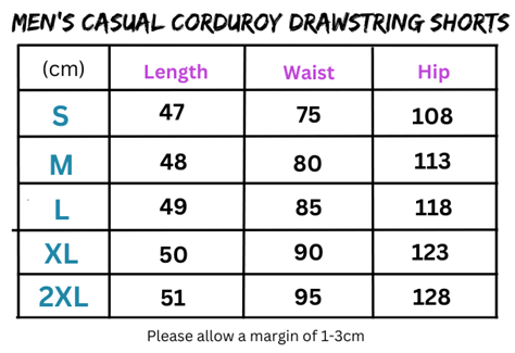 Size chart for Men’s Casual Corduroy Drawstring Shorts showcasing fit guide for casual corduroy shorts