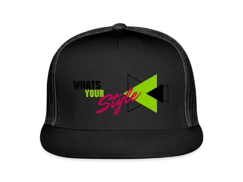 Black trucker hat with 'What's Your Style?' text and design on a white background
