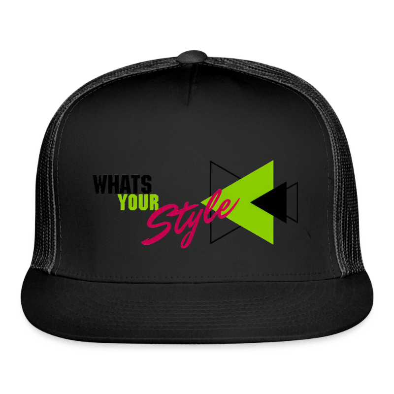 Black trucker cap with colorful text and design on a white background