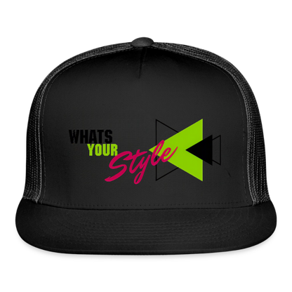 Black trucker cap with colorful text and design on a white background