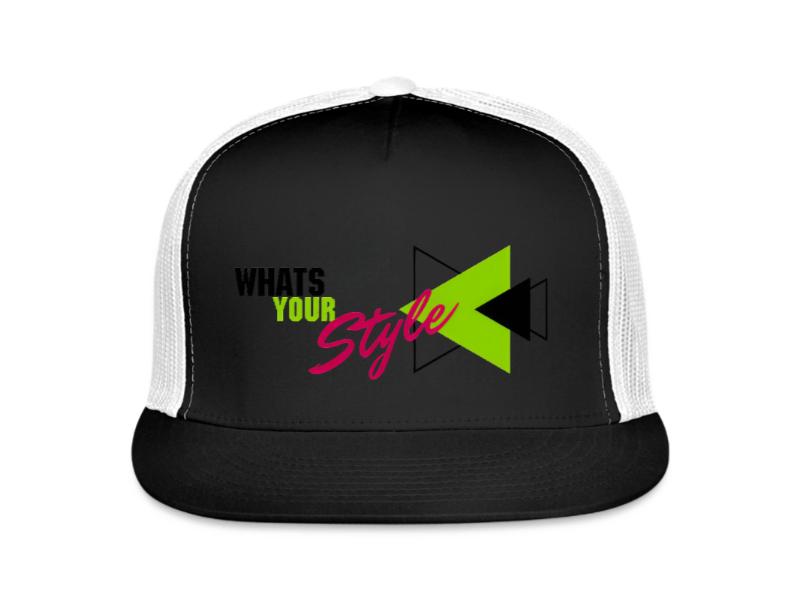 Black trucker hat with 'What's Your Style?' text and green arrow on a white background