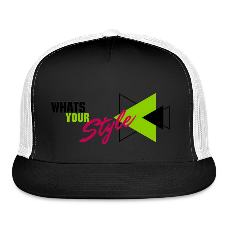 Black trucker hat with 'What's Your Style' text and green arrow on a white background