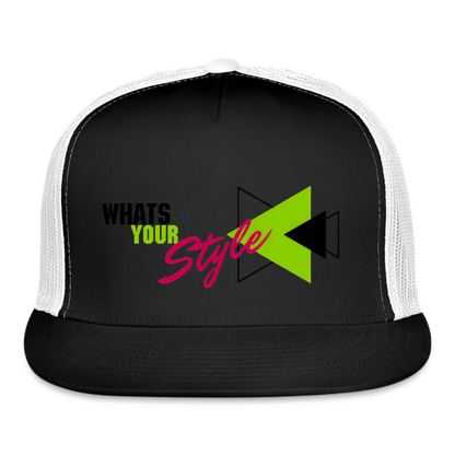 Black trucker hat with 'What's Your Style' text and green arrow on a white background