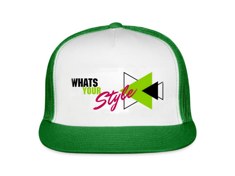 White cap with green brim and text 'What's Your Style?' on a white background