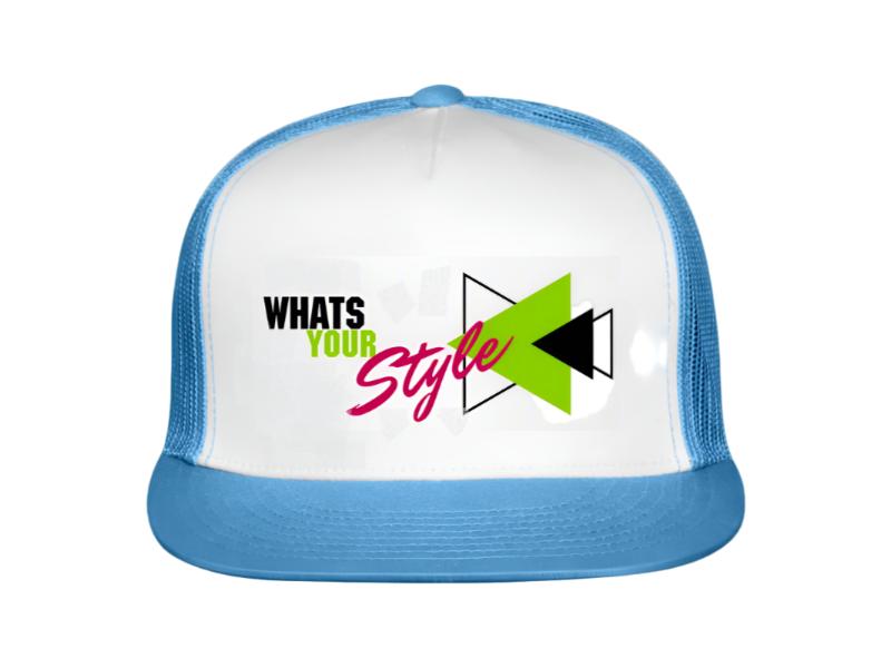 Trucker hat with 'What's Your Style' text and design on a white background