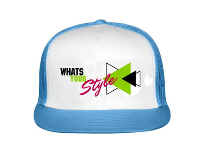 Trucker hat with 'What's Your Style' text and design on a white background