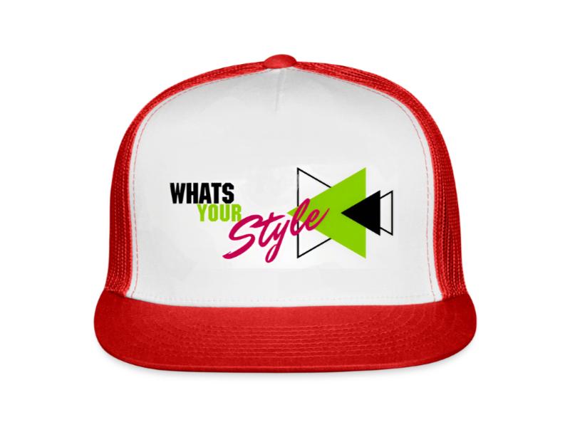 Trucker hat with 'What's Your Style' text and geometric design on a white background