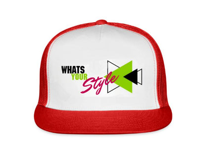 Trucker hat with 'What's Your Style' text and geometric design on a white background