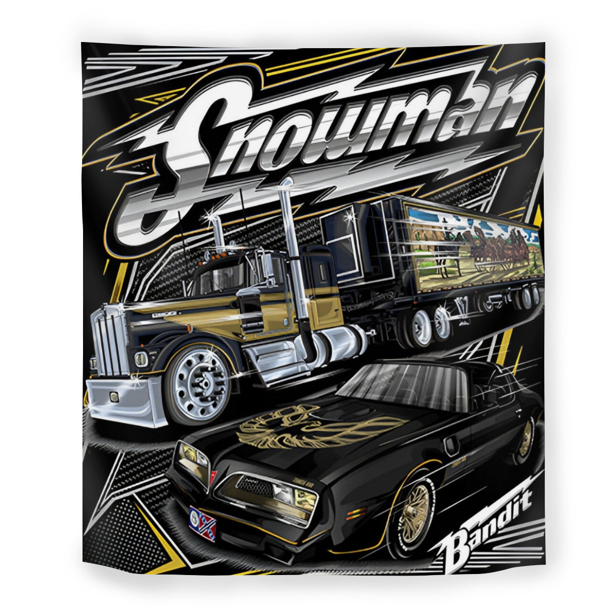 Fleece blanket with a truck and car design featuring the word 'Showman' on a black background.