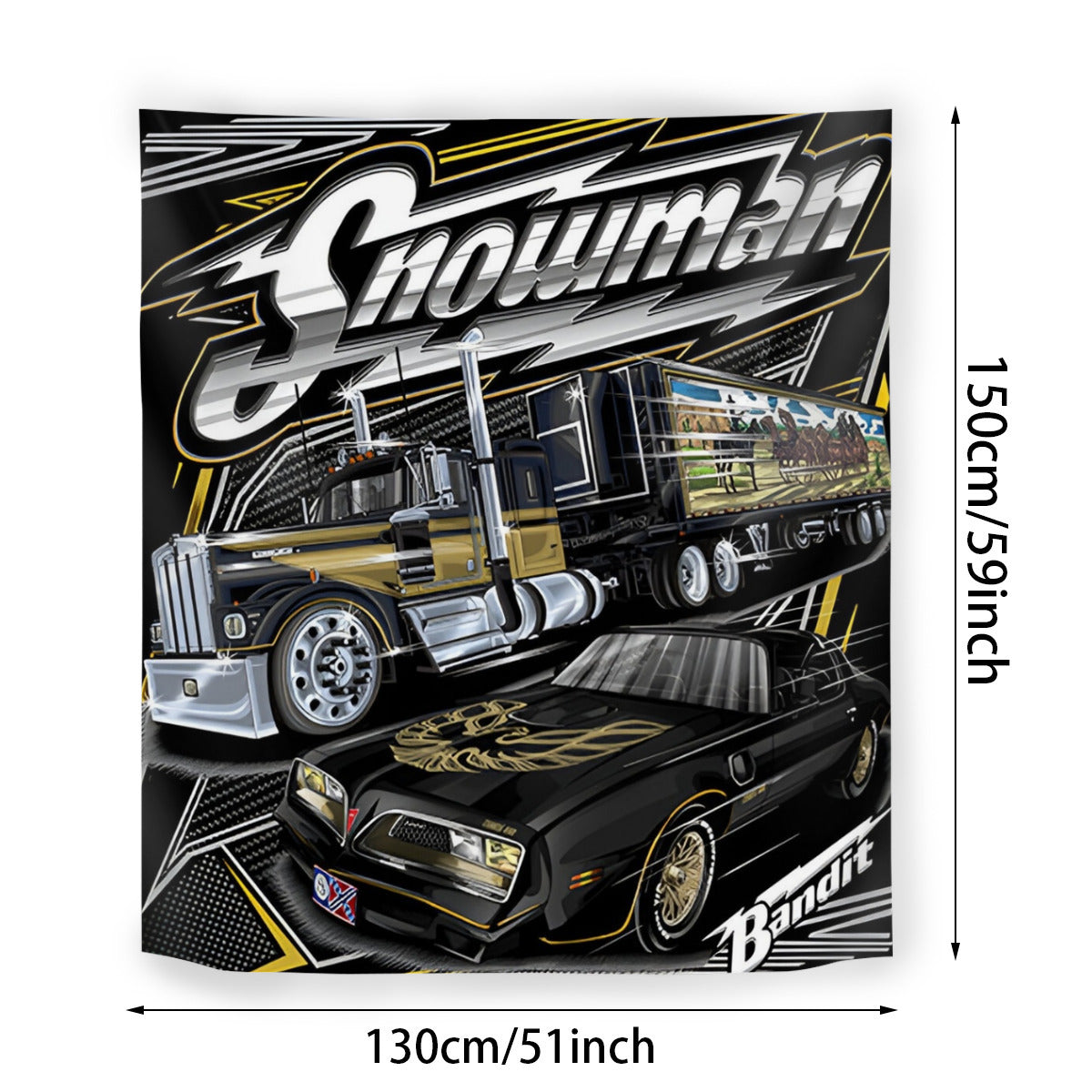 Decorative banner with a truck and car design, featuring the brand 'Snowman'.