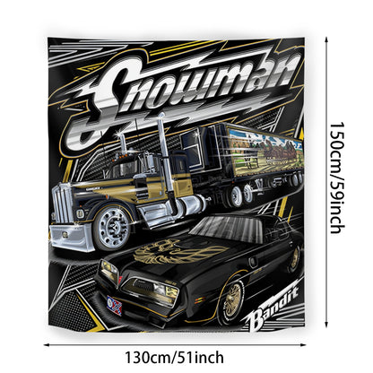 Decorative banner with a truck and car design, featuring the brand 'Snowman'.