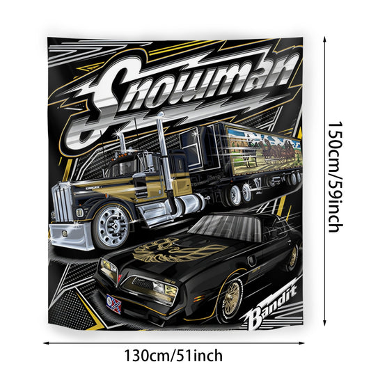 Decorative banner with a truck and car design, featuring the brand 'Snowman'.