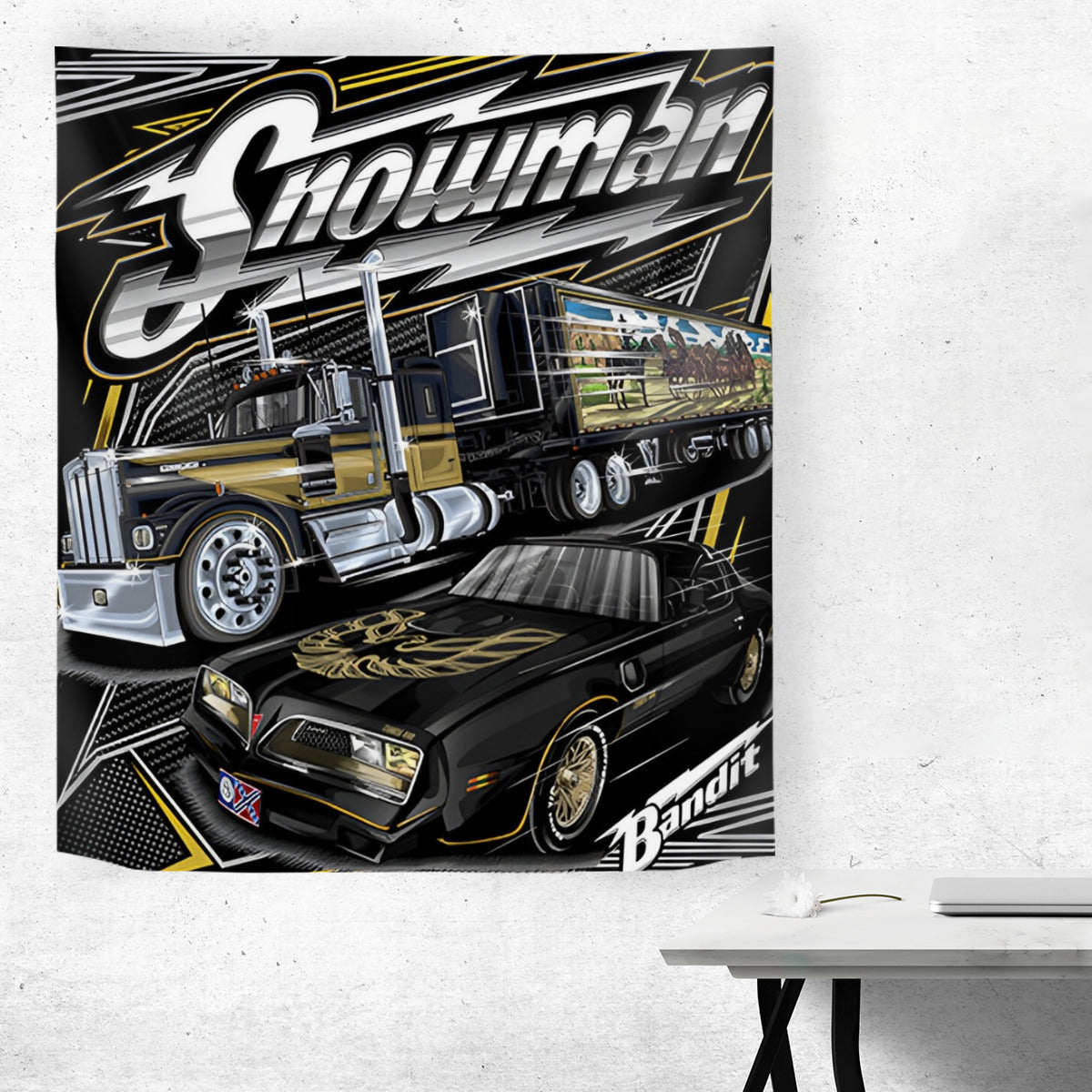 Decorative banner with a truck and car design on a white wall.