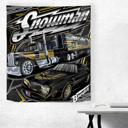 Decorative banner with a truck and car design on a white wall.