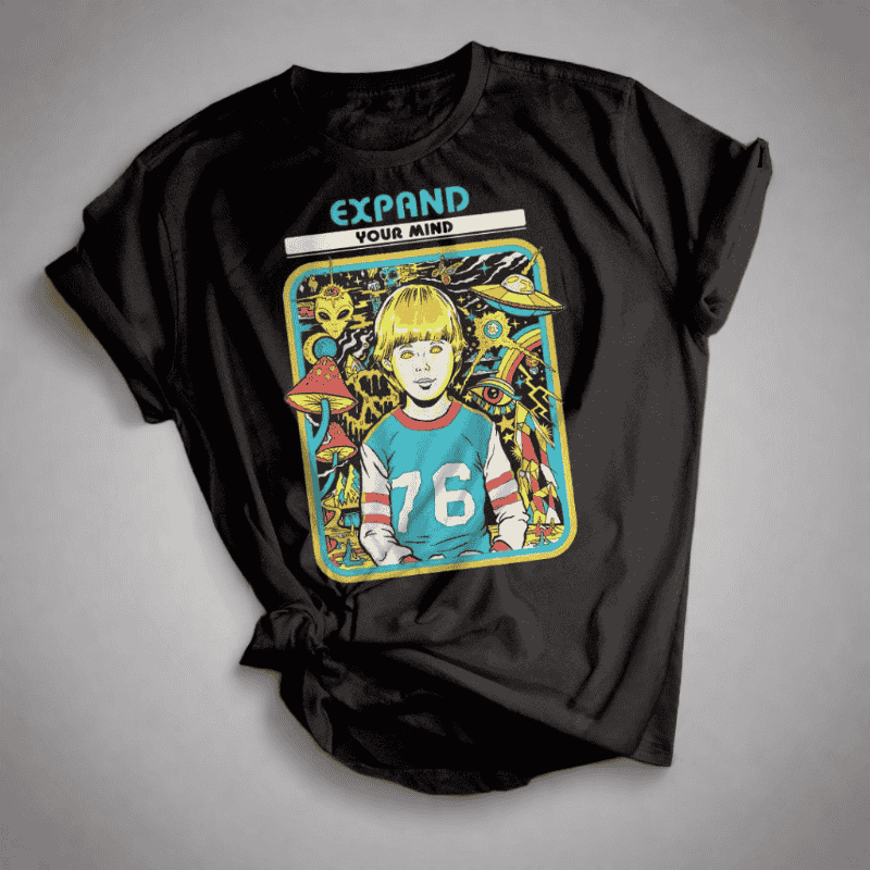 Black t-shirt with a colorful graphic design featuring a person with the text 'Expand Your Mind' on a gray background.